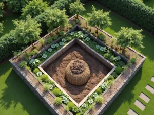 Composting Corner - Aerial view of a cleverly designed composting station built into a tiered garden corner, surrounded by espaliered fruit trees and vertical growing systems