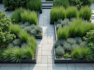 Contemporary Grass Garden - Aerial view of modernist garden featuring alternating tiers of tall switchgrass and shorter blue oat grass in rectangular steel planters. Strong geometric pattern visible from above.