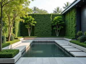 Contemporary Green Screen - Straight-on view of a modern tiered garden with floor-to-ceiling living walls using modular aluminum frames, integrated seating, and minimalist water features