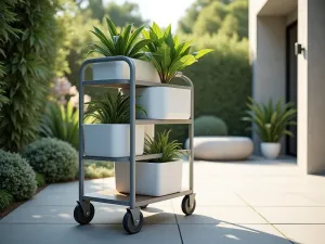 Contemporary Mobile Garden Cart - Close-up of a modern wheeled garden cart with multiple tiers, featuring sleek white planters with tropical foliage, against a contemporary patio backdrop