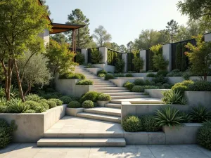 Contemporary Succulent Tiers - Wide-angle view of geometric concrete tiers integrated with vertical succulent panels, featuring angular maintenance platforms and copper irrigation details