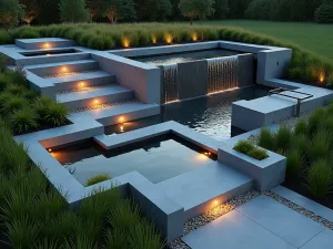 Contemporary Water Wall - Aerial view of modern tiered garden with geometric water wall, multiple rectangular pools at different heights, LED lighting strips, surrounded by ornamental grasses and black mondo grass