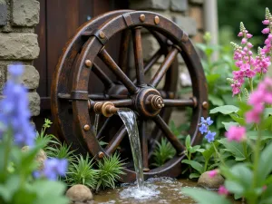 Cottage Garden Cascade - Close-up of rustic wooden water wheel with multiple tiers of flowing water, surrounded by cottage garden flowers including foxgloves and delphiniums, vintage copper water spouts