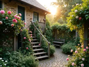 Cottage Garden Living Levels - Romantic tiered cottage garden with climbing roses on vertical trellises between levels, wooden stairs, and vintage watering system disguised with flowering vines, photographed at golden hour