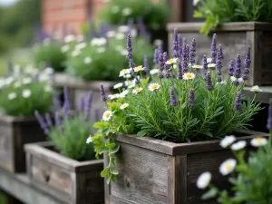 Cottage Style Herb Levels - Intimate close-up of weathered wooden tiered planters with lavender and chamomile spilling over edges, cottage garden atmosphere, morning dew visible