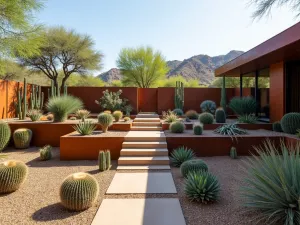 Desert Modern Integration - Wide shot of minimalist tiered garden with vertical cactus gardens, cor-ten steel retaining walls, and hidden drip irrigation system in a desert landscape