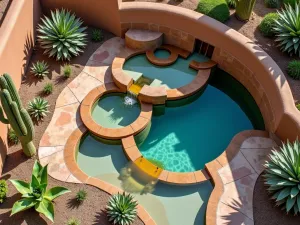 Desert Oasis Tiers - Aerial view of southwestern-style tiered water feature with adobe walls, desert plants including agave and barrel cactus, turquoise pools with copper scuppers