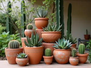 Desert Succulent Display - Wide-angle shot of a southwestern-style tiered arrangement using terra cotta and painted ceramic pots, showcasing diverse succulents and cacti