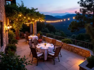 Evening Terrace Dining - Intimate dining terrace at dusk, string lights overhead, surrounded by fragrant Mediterranean plants, stone walls with built-in herb gardens, view down to lower terraces with uplighting