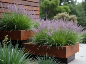 Floating Tier Garden - Close-up detail of cantilevered cor-ten steel garden tiers that appear to float, planted with purple fountain grass and trailing silver falls dichondra. Modern minimal aesthetic.