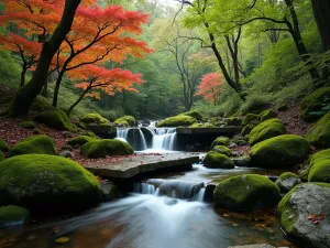 Forest Stream Meditation - Wide-angle view of woodland tiered stream with multiple small waterfalls, moss-covered rocks, Japanese maples and hostas, natural stone meditation platform