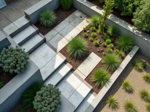 Geometric Rain Garden - Aerial view of modern tiered rain garden with angular steel edges and permeable surfaces. Featuring drought-resistant zebra grass and blue star juniper in geometric patterns.