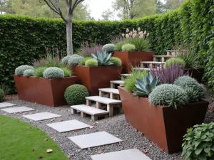 Geometric Succulent Display - Wide-angle view of triangular cor-ten steel planters arranged in descending tiers. Filled with diverse succulents in silver and purple tones. Modern hardscaping with gravel pathways.