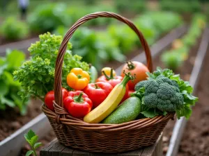 Harvest Basket Scene - Close-up view of a rustic harvest basket filled with freshly picked produce, set against the backdrop of productive tiered garden beds