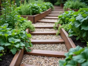 Harvest Path Detail - Close-up view of a curved gravel path between tiered garden beds, showing wooden steps integrated into the design, with abundant vegetables and trailing herbs spilling over the edges