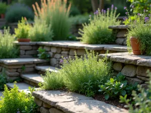 Herb Garden Terrace - Close-up detail of terraced herb garden with thyme, oregano, and sage spilling over stone walls, terracotta pots with rosemary, built-in stone seating, morning light