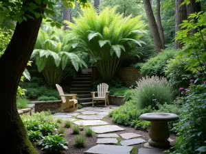 Hidden Woodland Retreat - Intimate view of a secluded seating area within a tiered woodland garden, surrounded by tall ostrich ferns and shade-loving perennials, with a small natural stone bird bath nearby