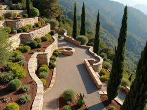 Hillside Mediterranean Garden - Aerial view of terraced Mediterranean garden on hillside, showing multiple stone-walled tiers with drought-resistant plants, gravel pathways, cypress trees, and integrated seating areas with terra cotta pots, crystal-clear morning light