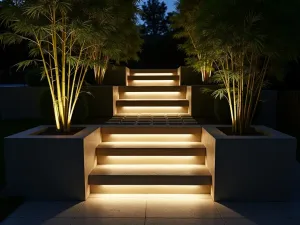 Illuminated Garden Steps - Night scene of modern concrete garden steps with integrated LED lighting, creating dramatic shadows. Bamboo plants in geometric planters line the edges. Architectural photography style.