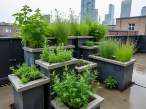 Industrial Chic Herb Display - Modern industrial-style tiered herb garden using repurposed metal pipes and concrete platforms, geometric design with cilantro and dill, urban rooftop setting