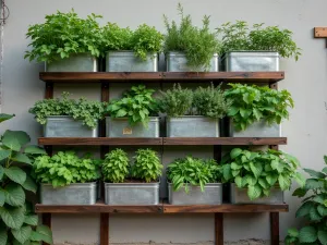 Industrial Metal Container Wall - Wide-angle shot of an industrial-style wall-mounted tiered container system using galvanized metal planters, featuring herbs and vegetables, with integrated storage compartments