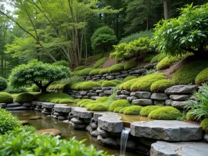 Japanese Moss Wall Integration - Close-up shot of a Japanese-inspired moss and fern living wall transitioning into stone tiers, with delicate bamboo water features and hidden irrigation systems