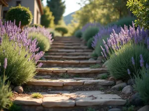 Lavender Terrace Steps - Close-up view of rustic stone steps flanked by blooming lavender plants, leading up through Mediterranean terrace garden, late afternoon sun casting long shadows, silvery foliage catching light