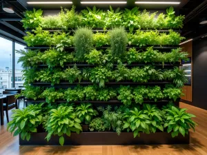 Living Wall Herb Garden - Dramatic wide-angle shot of a living wall transformed into a tiered herb garden, with vertical growing systems and automated watering, featuring multiple herb varieties in a tapestry-like arrangement