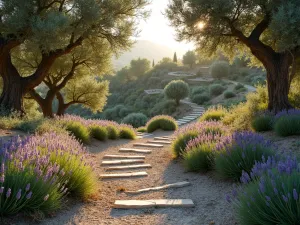 Mediterranean Garden Path - Winding gravel path through terraced garden, lined with lavender and santolina, natural stone steps, olive trees providing dappled shade, golden evening light