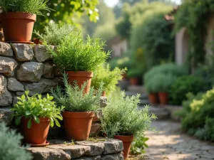 Mediterranean Herb Cascade - Close-up view of a rustic stone tiered herb garden with cascading rosemary and oregano, terracotta pots, dappled sunlight filtering through, Mediterranean garden style