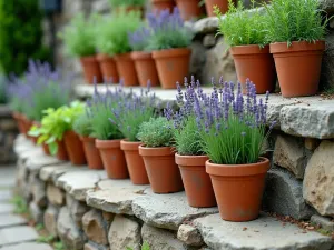 Mediterranean Herb Tier - Close-up of a lower tier filled with Mediterranean herbs in terra cotta pots, showing lavender, rosemary, and thyme cascading over natural stone walls