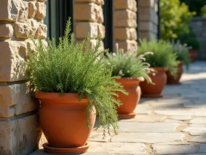 Stone Wall Herb Garden Close-up - Close-up detail of weathered stone terrace wall with built-in terracotta planters, cascading rosemary and thyme, textured limestone surface, warm Mediterranean sunlight, shallow depth of field