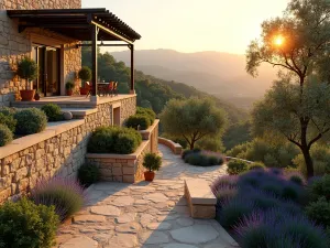 Sunset Mediterranean Terrace Garden - Photorealistic terraced garden at sunset, Mediterranean style with natural limestone walls, potted olive trees and lavender borders, multiple levels connected by rustic stone steps, wrought iron pergola providing shade, warm evening light, professional landscape photography