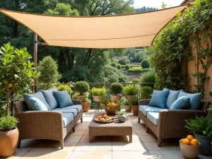 Intimate Terrace Lounge - Cozy terrace seating area surrounded by Mediterranean plants, canvas sail shade above, comfortable outdoor furniture with blue cushions, potted citrus trees, natural stone flooring, view of lower garden tiers