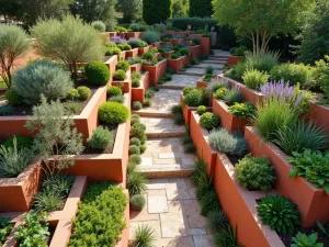 Mediterranean Terraced Living Wall - Aerial view of Mediterranean-style tiered garden with terracotta walls hosting vertical herb gardens, trailing rosemary, and lavender between limestone tiers, rustic wooden maintenance walkways visible