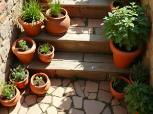 Mediterranean Terracotta Steps - Aerial view of terra cotta pots in varying sizes arranged on wooden steps, filled with Mediterranean plants and herbs, warm sunlight creating strong shadows