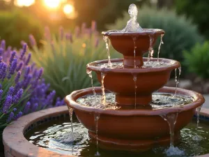 Mediterranean Water Steps - Close-up of terracotta tiered fountain with water cascading down multiple levels, surrounded by lavender and rosemary, warm sunset lighting, Mediterranean style with mosaic tile accents