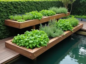 Minimalist Floating Herb Tiers - Aerial view of floating wooden platforms creating a minimalist tiered herb garden, featuring clean lines and organized sections of basil, mint, and thyme