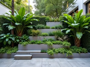 Modern Living Wall Cascade - A modern tiered garden featuring a sleek modular living wall system with cascading ferns and tropical plants, integrated LED lighting, stainless steel edging, and automated irrigation lines, photographed straight on