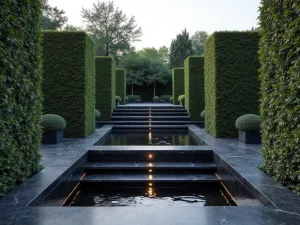 Modern Reflection Pools - Contemporary tiered reflection pools in minimalist style, straight lines and right angles, LED strip lighting, black granite surfaces, surrounded by structured boxwood hedges