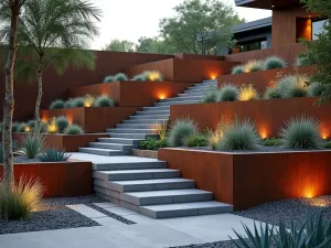 Minimalist Steel Tier Garden - Modern tiered garden with cor-ten steel retaining walls, clean geometric lines, featuring staggered rectangular platforms. Mexican feather grass and blue agave planted in precise blocks. Warm evening lighting, photorealistic, architectural style.