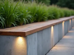 Modern Tier Seating Wall - Close-up of built-in concrete seating wall integrated into garden tiers, featuring clean lines and floating wooden bench tops. Highlighted by subtle uplighting, with cascading maiden grass as backdrop.