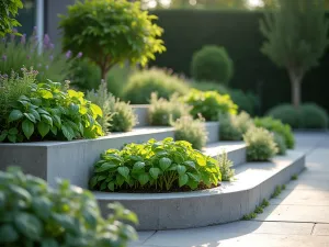 Modern Tiered Herb Garden Terrace - Elegant modern tiered garden with curved concrete planters, featuring fresh basil, thyme, and sage arranged in ascending levels, soft morning light casting gentle shadows, professional landscaping photography style