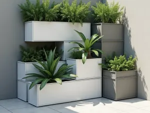 Modernist Storage Solution - Aerial view of a modular tiered container system with hidden storage drawers, featuring clean lines, white and gray planters with architectural plants