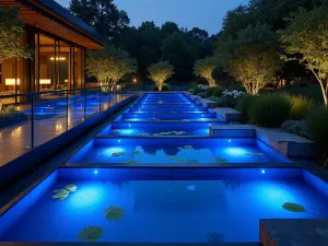 Moonlit Water Garden - Night scene of illuminated tiered water garden, underwater lights creating blue glow, water lilies floating on surface, viewing platform with modern glass railings