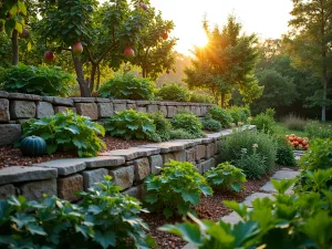 Multi-Level Edible Garden - A beautiful terraced garden with stone retaining walls, featuring apple and pear trees on the top level, tomatoes and squash in the middle, and a carpet of mixed herbs on the bottom tier, shot during golden hour with soft lighting