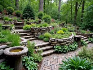 Multi-Level Wildlife Garden - Wide shot of a tiered woodland garden featuring multiple bird baths at different levels, natural log retaining walls, and diverse plantings of astilbe and bleeding hearts creating a wildlife paradise