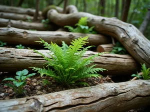 Natural Log Terrace Detail - Detail shot of weathered logs creating natural terracing, with lady ferns and wild ginger sprouting between the crevices, showing the beautiful texture and natural aging of the wood