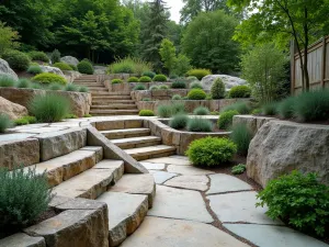 Natural Stone Herb Cascade - Wide shot of natural stone tiered garden with integrated seating, featuring thyme and oregano cascading over rock faces, zen garden influence