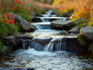 Natural Stream Tiers - Natural-looking stream cascading down multiple rock tiers, close-up view of water movement, surrounded by native wetland plants and cardinal flowers, golden evening light